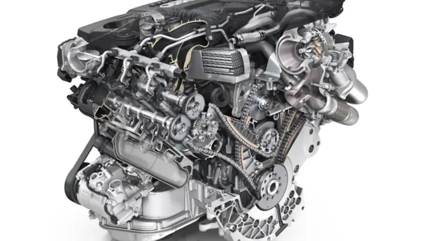 Przekrój silnika Audi 3.0 TDI V6 z widocznym układem rozrządu, turbosprężarką i szczegółami kolejności cylindrów.