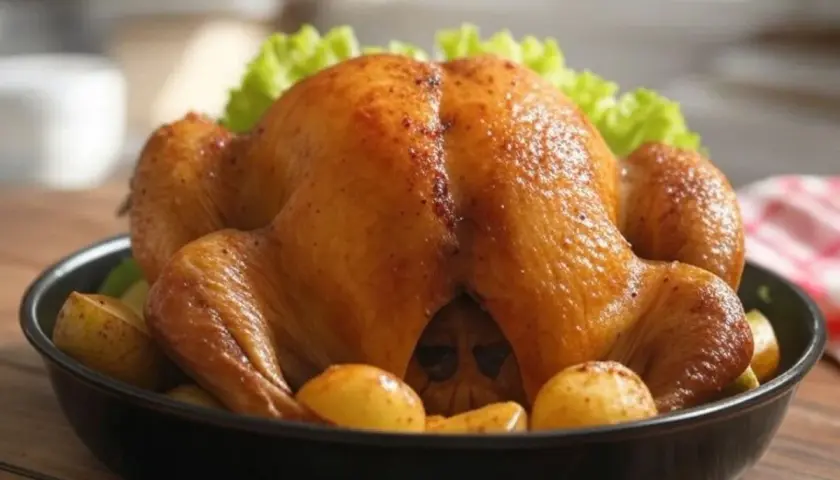 Une pintade au four dorée, accompagnée de pommes de terre rôties et de feuilles de laitue, prête à être dégustée.