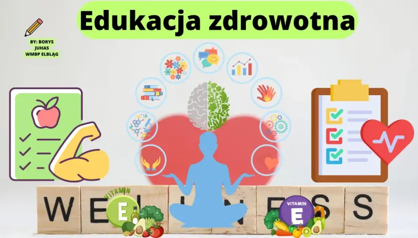 Ilustracja z ikonami zdrowia, mózgu, serca, ćwiczeń i zdrowej żywności.