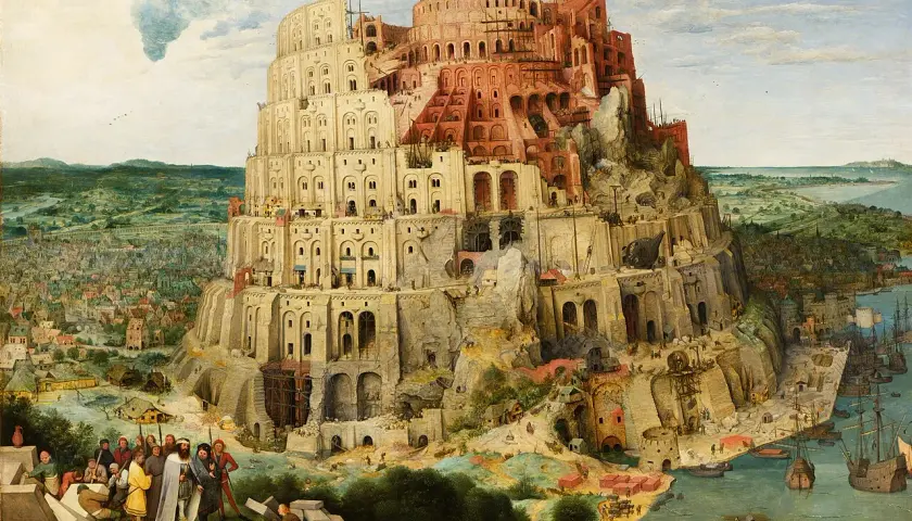 Monumentalna wieża Babel wznosi się ku niebu, otoczona miastem i morzem. Dzieło sztuki przedstawia biblijną opowieść o ambicji i karze.