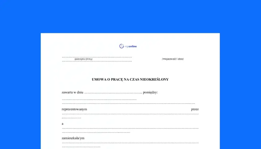 Formularz umowy o pracę na czas nieokreślony. Dokument zawiera pola na dane pracodawcy i pracownika, datę zawarcia umowy oraz inne istotne informacje dotyczące różnych rodzaje umów o pracę.