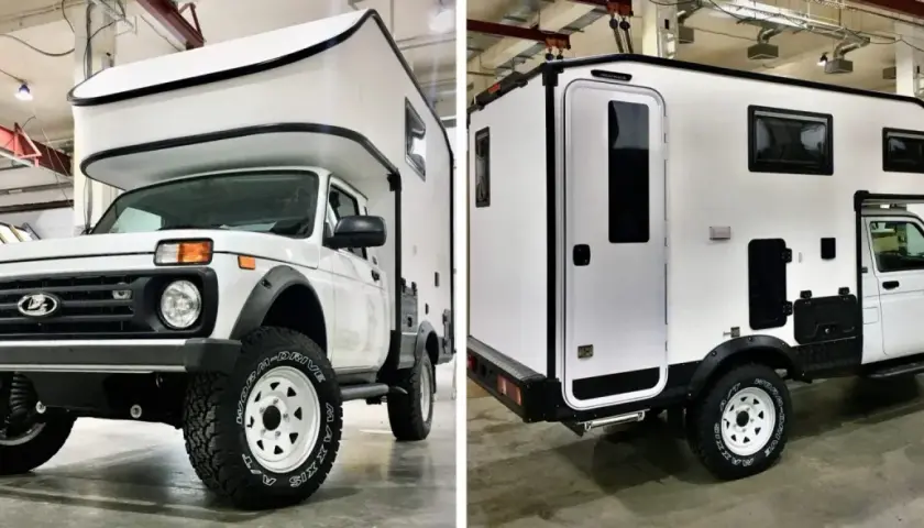 Biały Lada Niva camper z zabudową mieszkalną, gotowy na przygody.