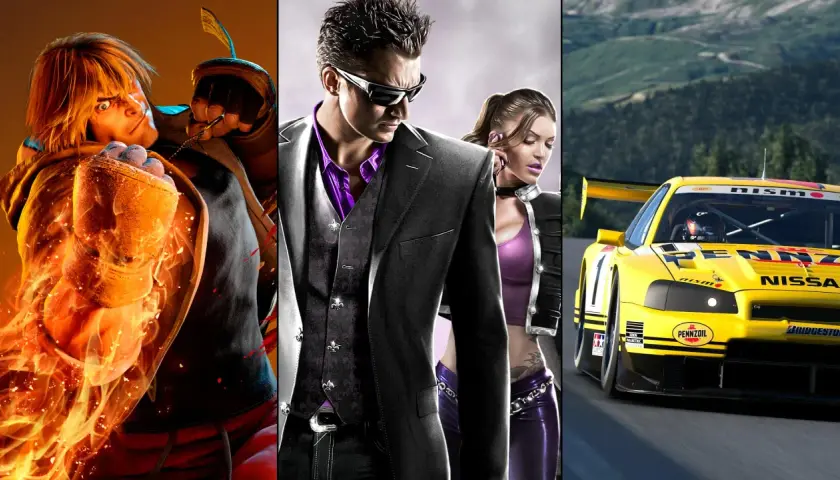 Trzy sceny z gier: płonący wojownik, para w stylu Saints Row i żółty samochód wyścigowy. Idealne gry na 2 osoby.