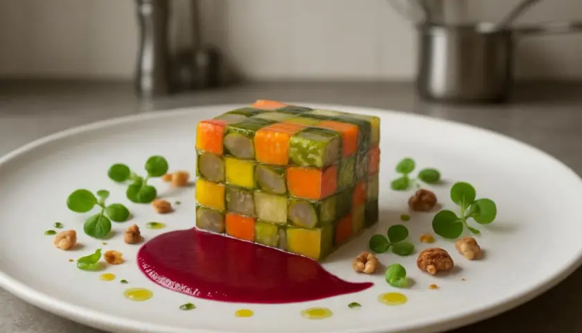 Un cube de légumes colorés, comme une entrée froide artistique, est servi avec une sauce rouge vif et des garnitures vertes.