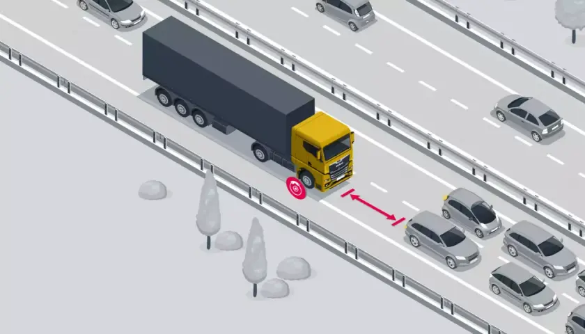 Ciężarówka z naczepą na autostradzie, z ikoną hamulca i oznaczoną odległością do poprzedzającego samochodu.