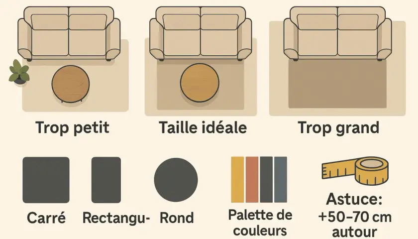 Guide pour la dimension tapis salon : trop petit, taille idéale, trop grand. Formes et palette de couleurs. Astuce : +50-70 cm autour.