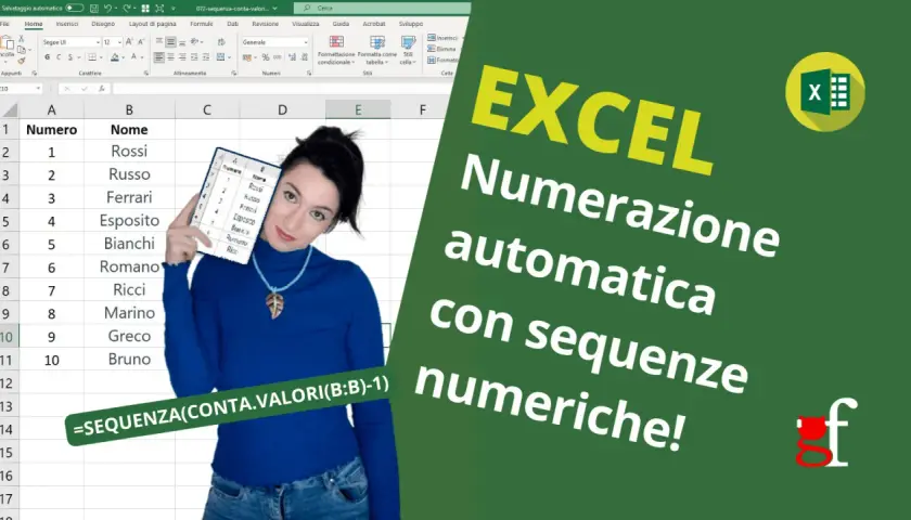 Una donna mostra un foglio di calcolo Excel con un elenco numerato e la formula per la numerazione automatica con sequenze numeriche.
