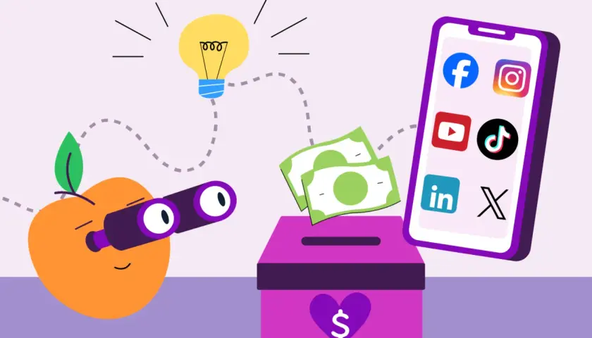 An apple with binoculars looks at a lightbulb, symbolizing ideas for social media fundraisers. Money flows into a donation box from a phone displaying social media icons.