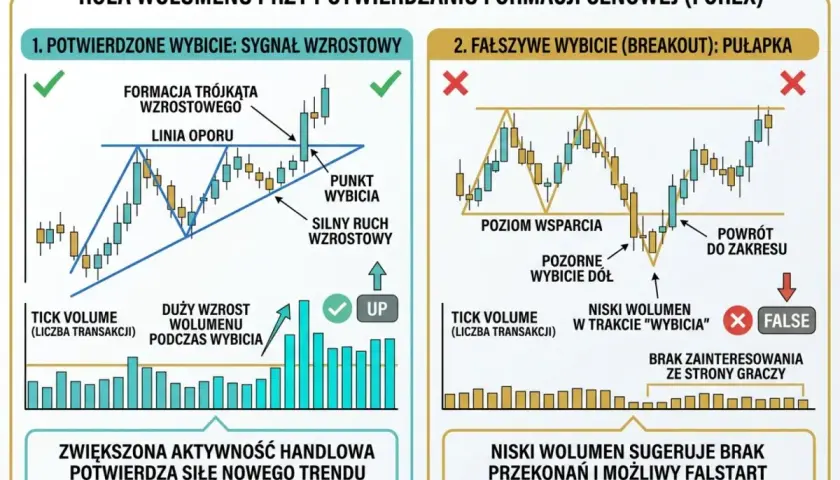 Analiza wolumenu na rynkach światowych: potwierdzone wybicie z formacji trójkąta wzrostowego vs fałszywe wybicie.