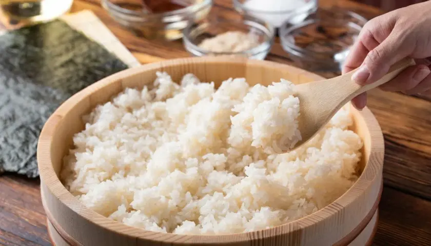 Drewniana miska z ryżem do sushi, nabierana drewnianą łyżką. W tle składniki.