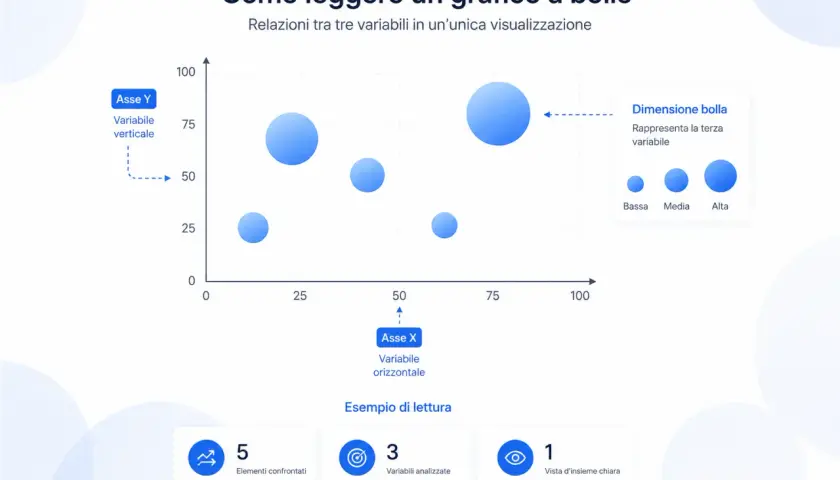 Un grafico a bolle mostra relazioni tra tre variabili. Le bolle rappresentano elementi, la loro posizione sull'asse X e Y indica due variabili, mentre la dimensione della bolla rappresenta la terza variabile.