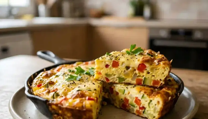 Une délicieuse frittata aux légumes, garnie de persil frais, est servie dans une poêle en fonte.