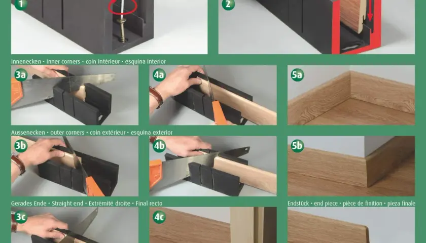 Guida per tagliare lo zoccolo della cucina: uso di una troncatrice per tagli precisi di angoli interni, esterni e finali.