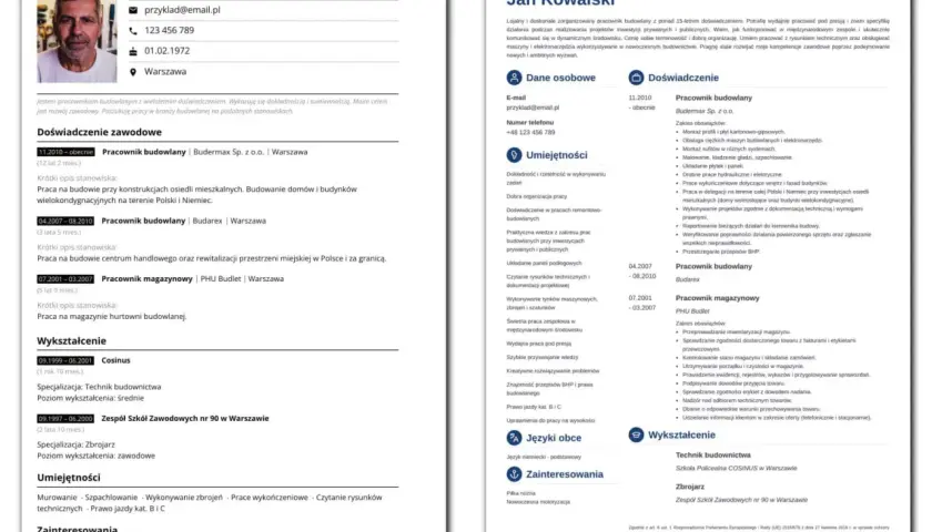 CV Jana Kowalskiego z 15-letnim doświadczeniem w budownictwie, obejmującym pracę na budowach i w magazynie.
