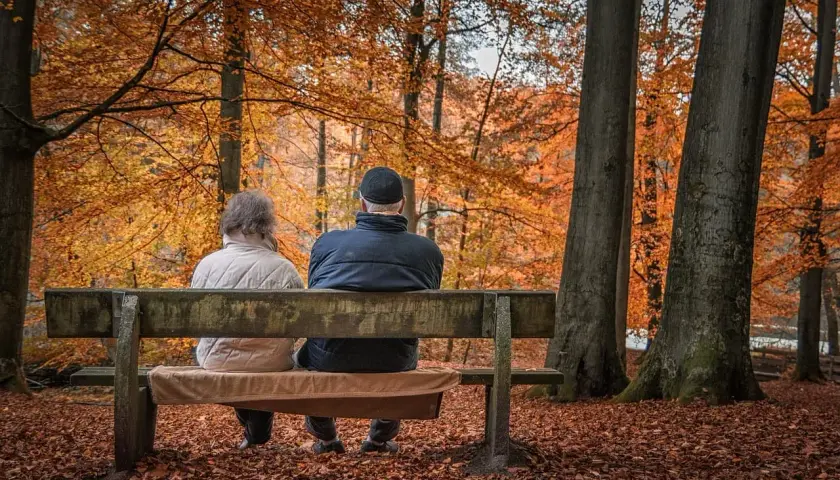 Para szuka najlepszych prywatnych domów opieki na Śląsku, siedząc na ławce w jesiennym lesie.