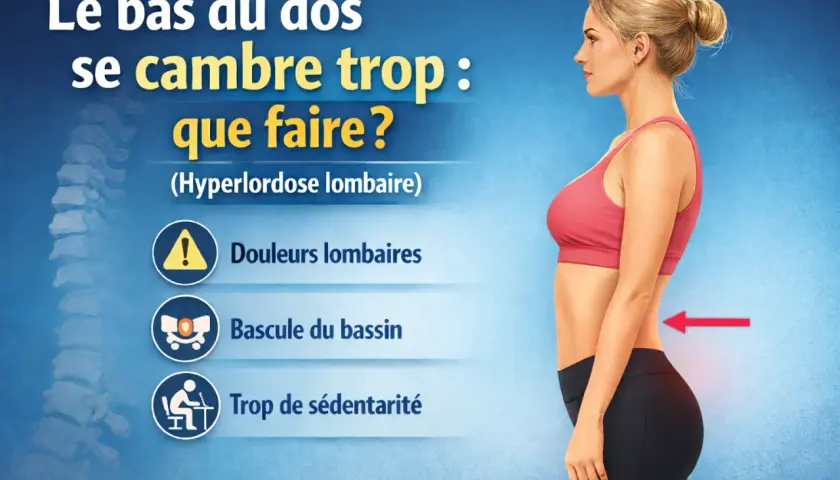 Femme avec une hyperlordose lombaire, le bas du dos se cambre trop. Causes : douleurs lombaires, bascule du bassin, sédentarité.