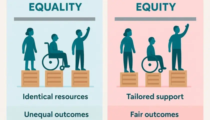 Illustration comparing equality (identical resources, unequal outcomes) with equity (tailored support, fair outcomes), highlighting the importance of equity for all.