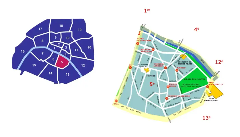 Mapa Paryża z zaznaczonymi dzielnicami. Wyróżniona 5 dzielnica Paryża, znana z Panteonu i Ogrodu Botanicznego.