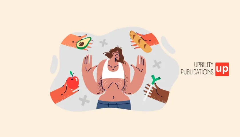 Mani offrono cibo a una persona che lotta con disturbi alimentari. Un'illustrazione che simboleggia la pressione e la confusione.