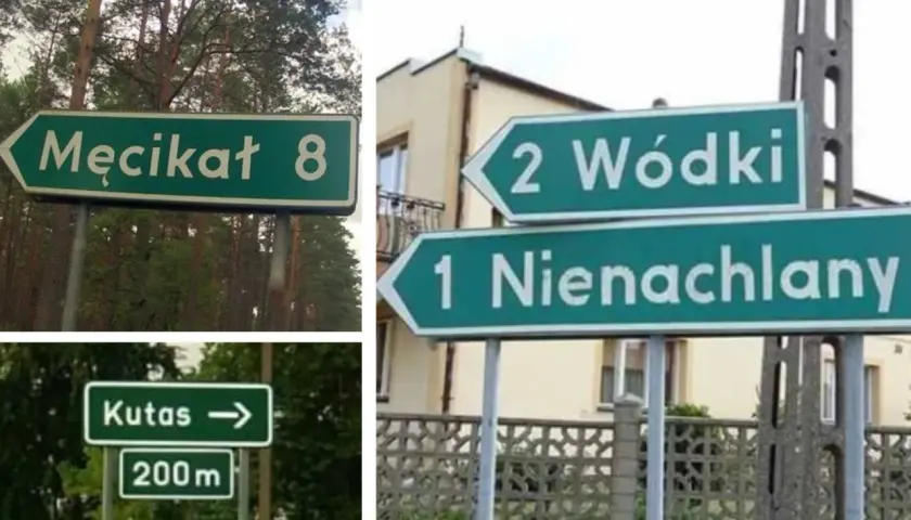 Znaki drogowe z zabawnymi nazwami miejscowości: Męcikat, Kutas, Wódki, Nienachlany.