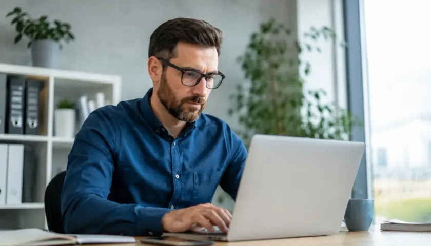 Mężczyzna w okularach pracuje przy laptopie, planując zmianę nazwy firmy w CEIDG.