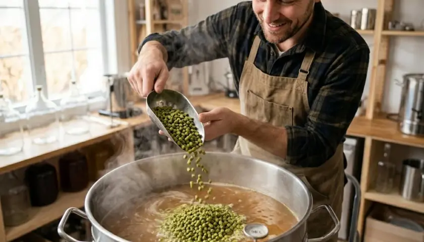 Un brasseur ajoute du houblon à une grande marmite pour préparer une ipa bier.