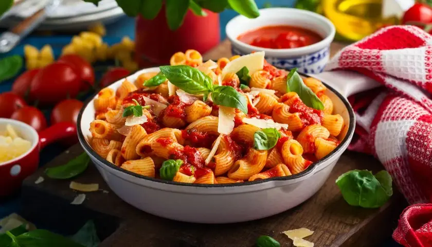 Piatto invitante di pasta con peperoni, condita con salsa rossa, basilico fresco e scaglie di parmigiano.