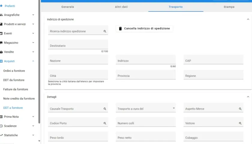Interfaccia per aggiungere un DDT a fornitore, con campi per indirizzo, dettagli trasporto e dati di spedizione. Il sistema gestisce il ddt excel.