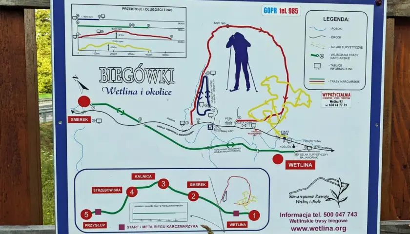Mapa tras biegowych w Wetlinie i okolicach. Widać szlaki narciarskie, turystyczne i drogi.