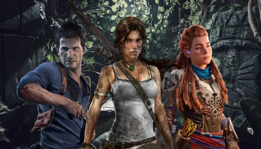 Nathan Drake, Lara Croft i Aloy – bohaterowie gier podobnych do Tomb Raider, gotowi na przygodę w dżungli.