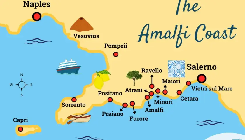 Map of the Amalfi Coast, Italy, showing Naples, Sorrento, Positano, Amalfi, and Salerno.