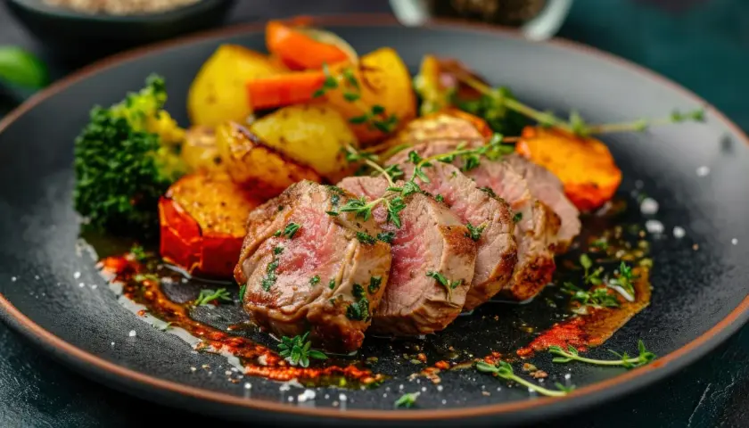 Solomillo de cerdo jugoso en airfryer, servido con patatas asadas, brócoli y zanahoria. ¡Un plato perfecto!