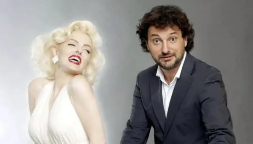 Un uomo con un completo scuro guarda sorpreso una donna bionda vestita di bianco, che ricorda Marilyn Monroe. Sembra il suo amico immaginario in età adulta.