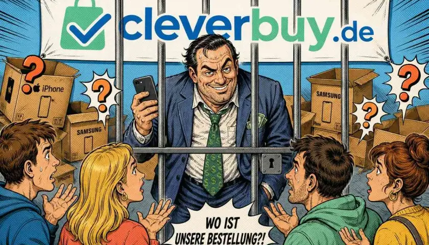 Ein Mann hinter Gittern, der cleverbuy.de repräsentiert, hält ein Smartphone. Kunden fragen verzweifelt: "Wo ist unsere Bestellung?!