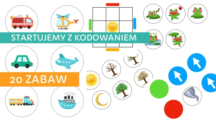 Startujemy z kodowaniem! Wesołe pojazdy, żaby i drzewa pomogą dzieciom w nauce. 20 zabaw.