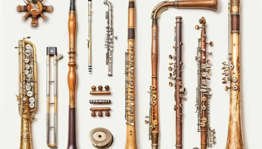 Kolekcja różnych rodzajów instrumentów dętych, od saksofonu po klarnet, prezentuje bogactwo form i materiałów.