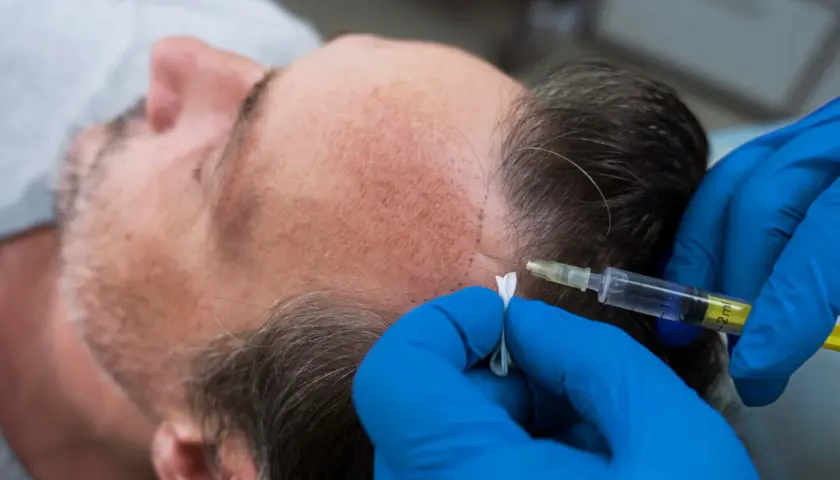 Man recibe tratamiento de cauterización capilar con inyección en la línea del cabello.