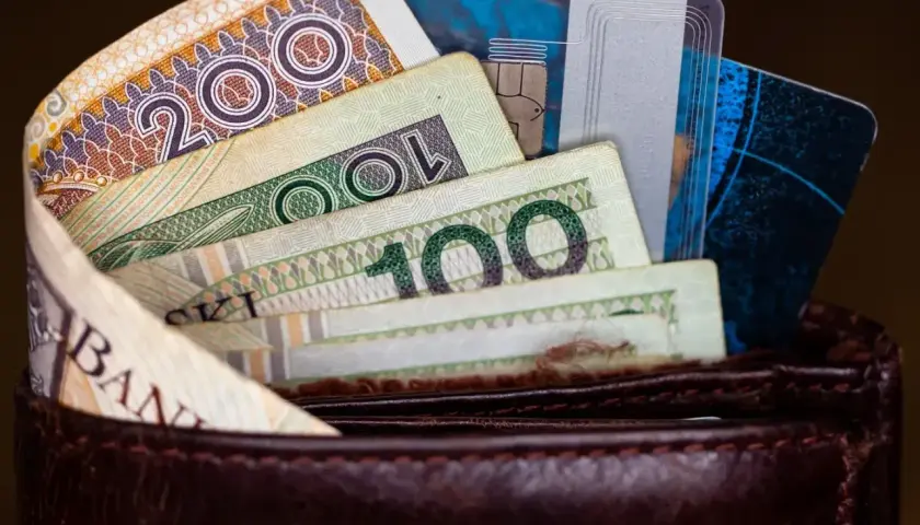Portfel z polskimi banknotami (200 zł, 100 zł) i kartami płatniczymi.