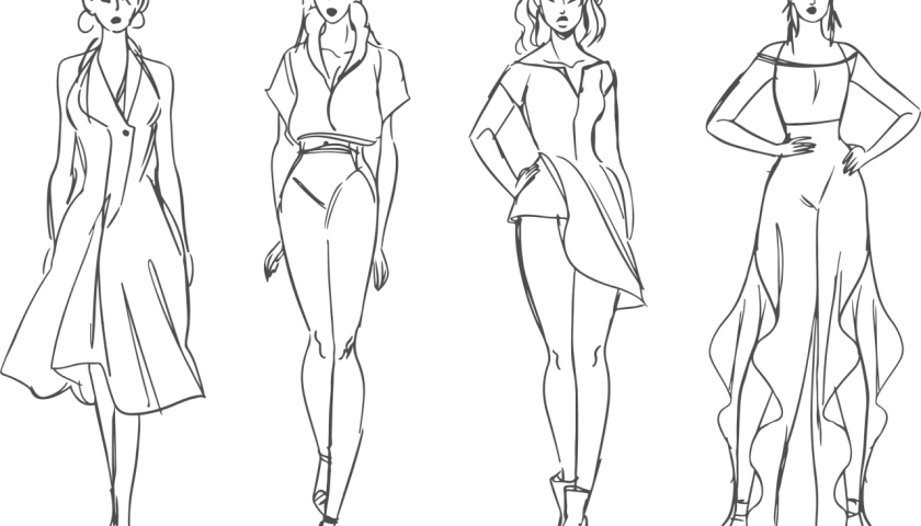 Croquis de mode : quatre silhouettes féminines élégantes, esquissées par un modeliste styliste.