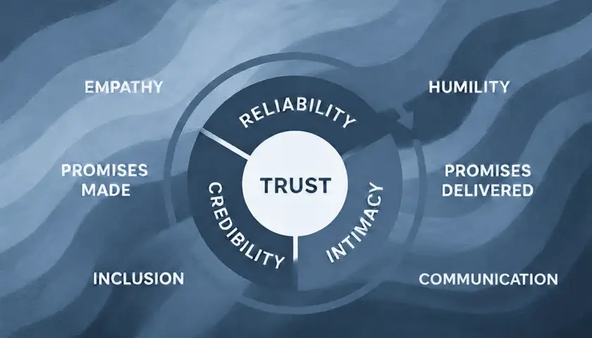 Diagram illustrating the core components of ethical leadership: trust, reliability, credibility, intimacy, empathy, humility, inclusion, promises made, promises delivered, and communication.