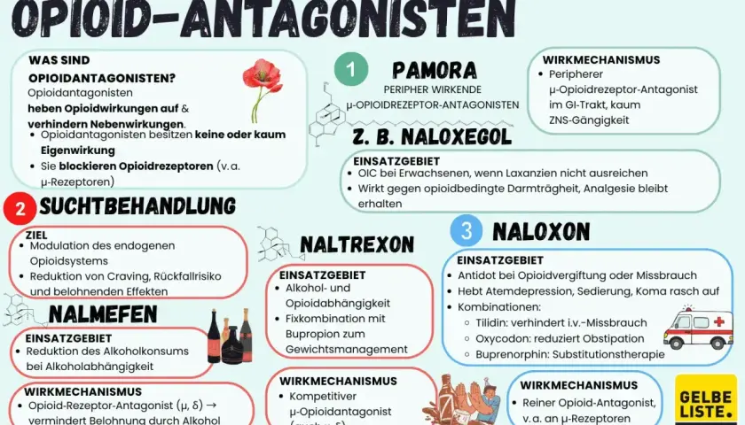 Opioid-Antagonisten wie Buprenorphin blockieren Opioidrezeptoren und helfen bei Suchtbehandlung, z.B. gegen Alkoholabhängigkeit.