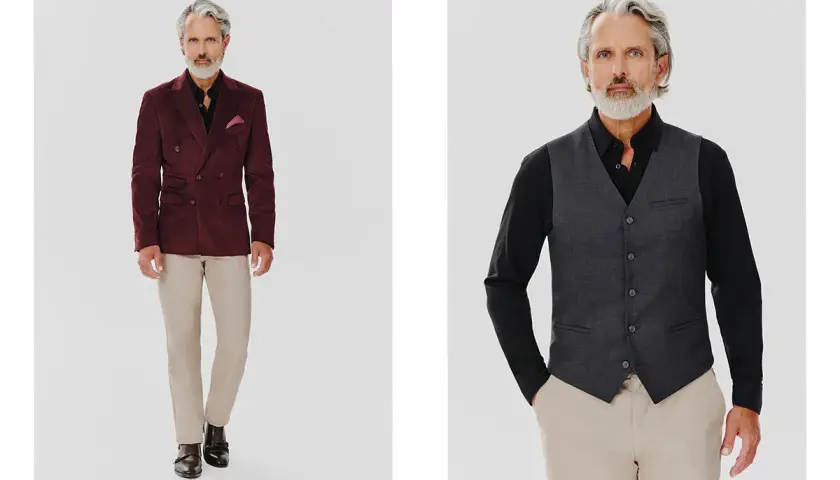 Elegancki mężczyzna w bordowym dwurzędowym garniturze i beżowych spodniach. W drugim kadrze w szarej kamizelce. To jest właśnie **slim fit co to znaczy** – dopasowany krój.