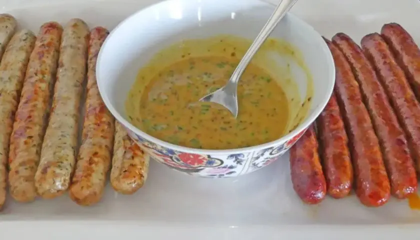 Merguez et saucisses au four, dorées et savoureuses, accompagnées d'une sauce onctueuse. Un délice à partager !