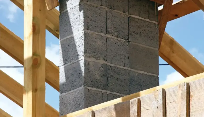 Budowa komina systemowego. Fundament z bloczków betonowych, otoczony drewnianą konstrukcją dachu.
