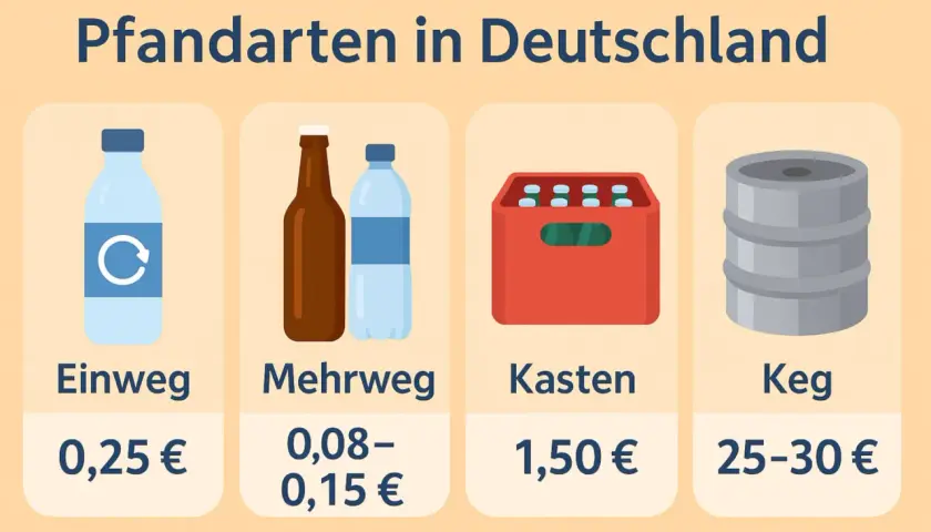 Pfandarten in Deutschland: Einwegflasche (0,25€), Mehrwegflaschen (0,08-0,15€), Kasten (1,50€), Keg (25-30€).