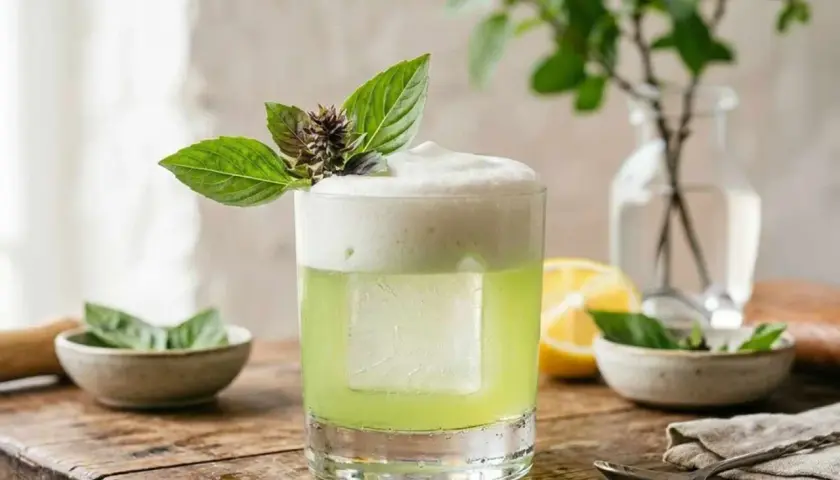 En uppfriskande thaibasilika drink med skummig topp, garnerad med färska blad. En perfekt sommardrink!