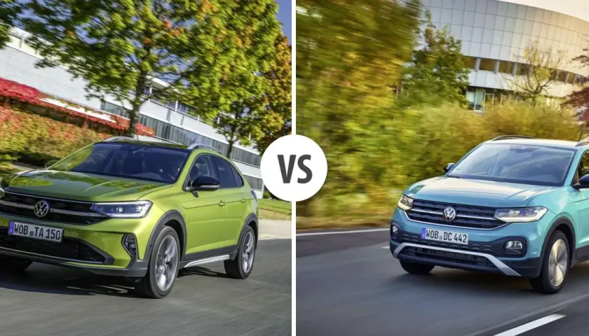Två Volkswagen Taigo, en grön och en turkos, kör på väg. En jämförelse av vw taigo test.