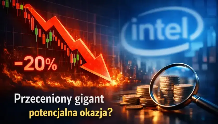 Spadający wykres, logo Intel i stosy monet pod lupą. Czy to okazja inwestycyjna? Intel kurs.