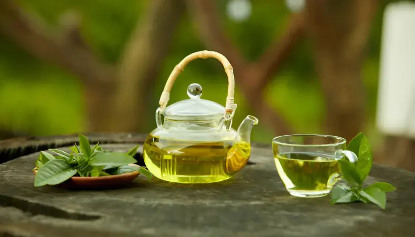 Tetera de cristal con té verde y hojas frescas. Descubre para qué sirve el té verde y sus beneficios.