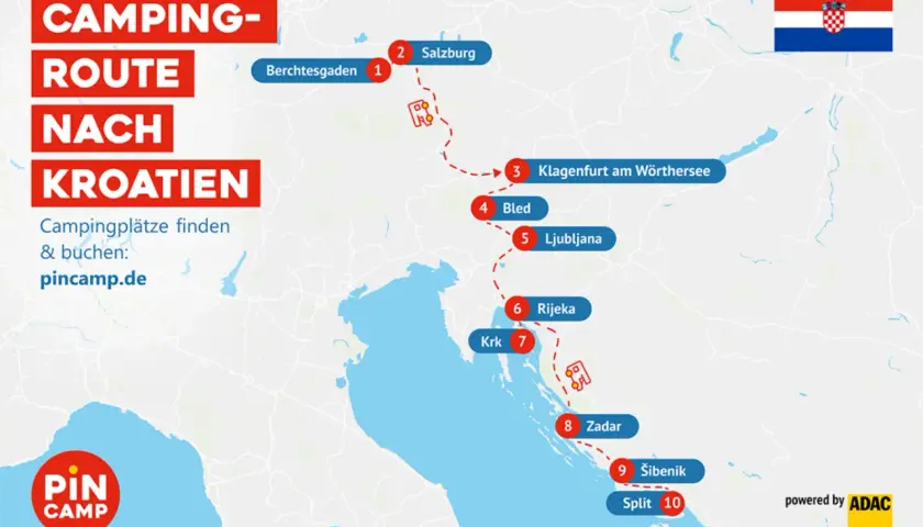 Camping-Route nach Kroatien: Von Berchtesgaden über Salzburg, Bled und Rijeka bis nach Zadar und Split. Ideal für deinen Kroatien Roadtrip!